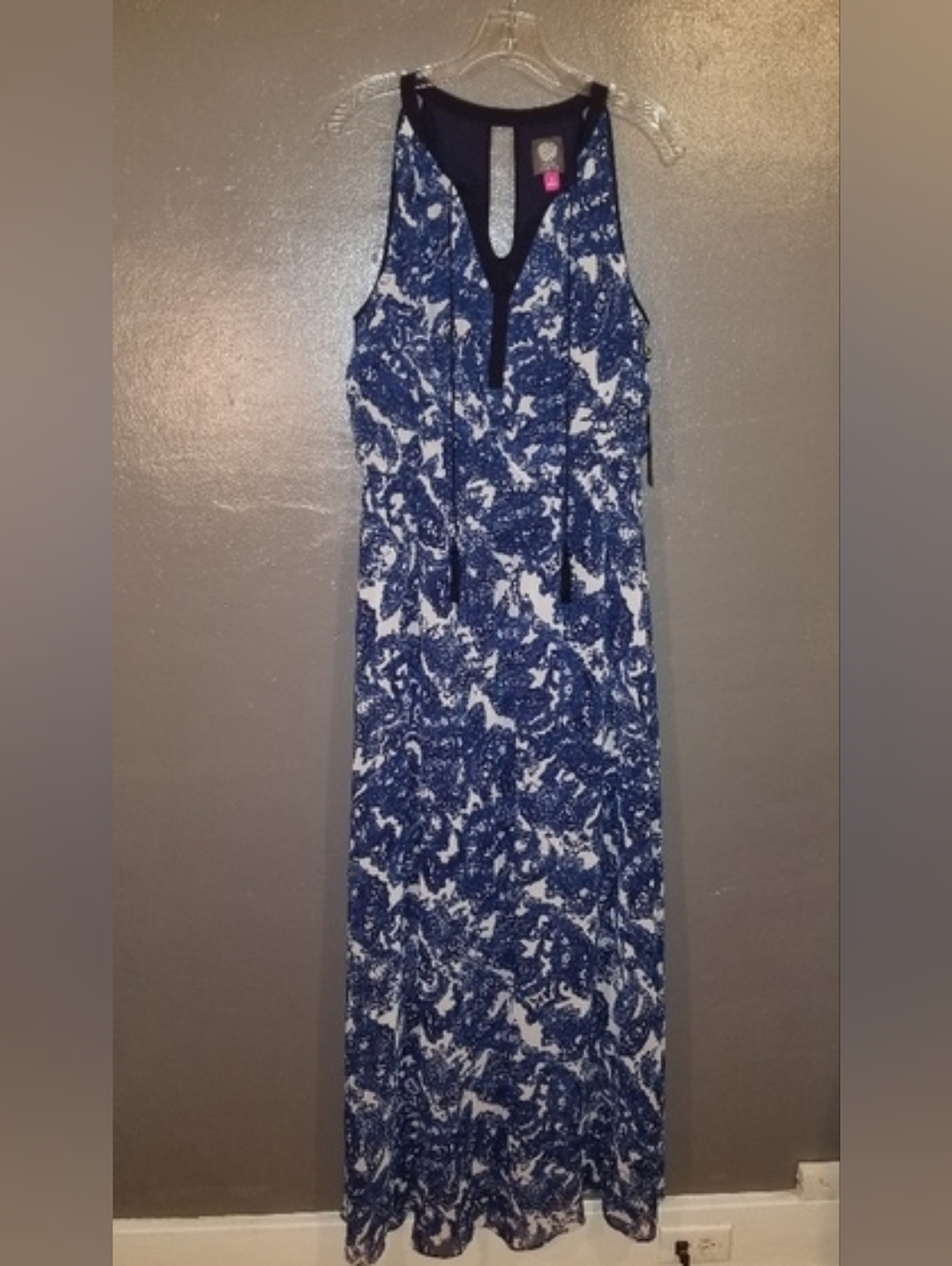 Vince Camuto Navy and White Printed Sleeveless Maxi Dress